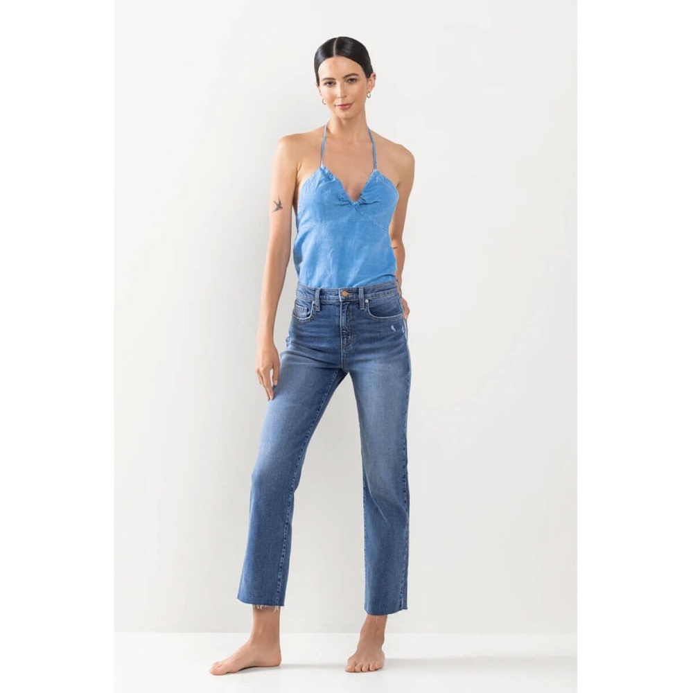 Whetherly “James High Rise Straight Wide Leg” Ankle Length Jeans With Raw Hem